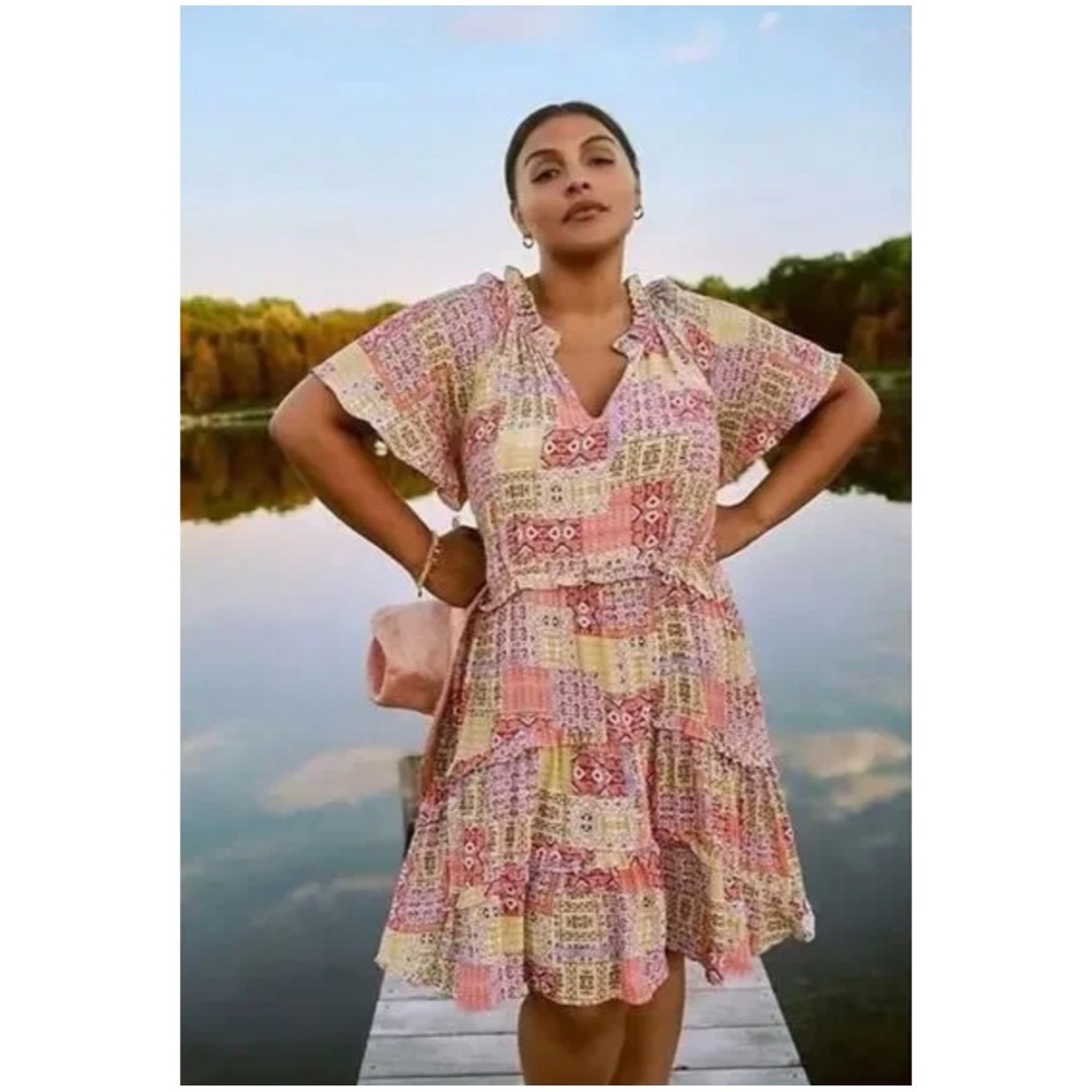 Anthropologie Women’s Sz M Patchwork Mini Dress V-Neck Tiered Ruffle Robin